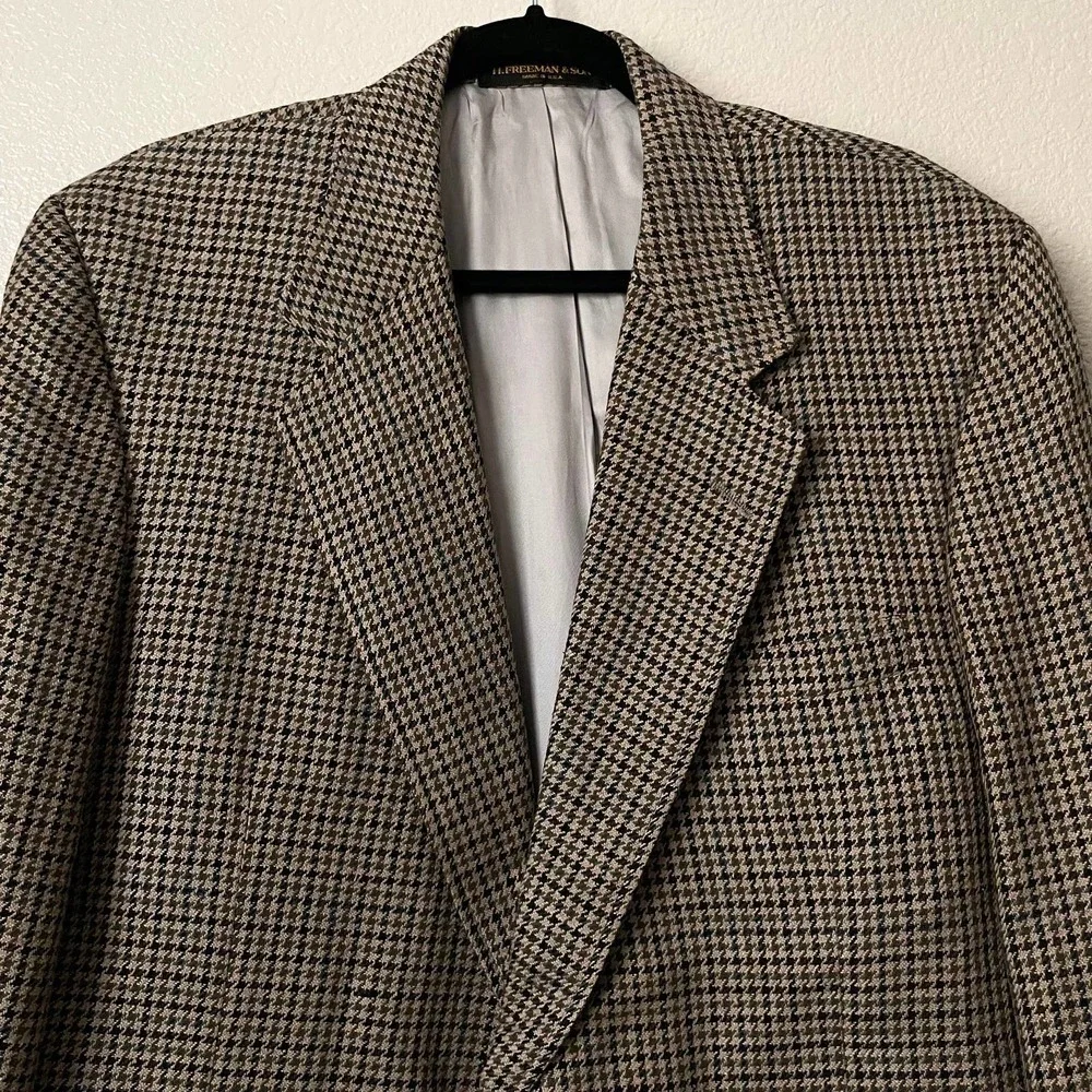 Vintage Hickey Freeman Blazer Mens 42R Tan Blue Houndstooth Sportscoat Union USA